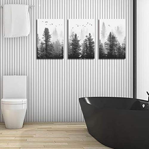 Wall art Canvas wall art Forest wall art Living room decoration black and white art Landscape wall art Gable decoration Morning fog Mountain canvas art wall Fog forest 3 panel Modern home Decoration