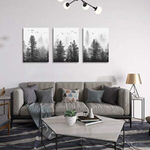 Wall art Canvas wall art Forest wall art Living room decoration black and white art Landscape wall art Gable decoration Morning fog Mountain canvas art wall Fog forest 3 panel Modern home Decoration