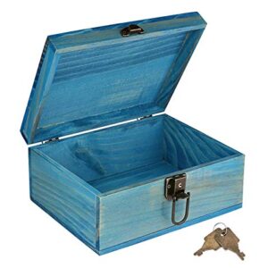 Dedoot Wooden Keepsake Box, Blue Wood Box with Lock Decorative Handmade Craft Small Latched Box for Jewelry Gift Storage and Home Decor, 9.3x7.6x4.5 Inch