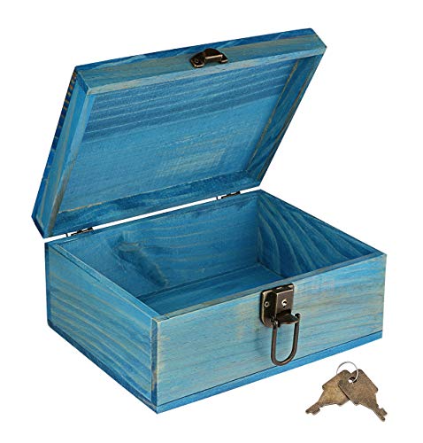 Dedoot Wooden Keepsake Box, Blue Wood Box with Lock Decorative Handmade Craft Small Latched Box for Jewelry Gift Storage and Home Decor, 9.3x7.6x4.5 Inch