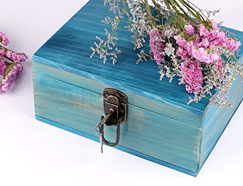 Dedoot Wooden Keepsake Box, Blue Wood Box with Lock Decorative Handmade Craft Small Latched Box for Jewelry Gift Storage and Home Decor, 9.3x7.6x4.5 Inch