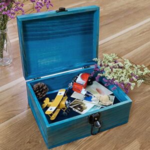 Dedoot Wooden Keepsake Box, Blue Wood Box with Lock Decorative Handmade Craft Small Latched Box for Jewelry Gift Storage and Home Decor, 9.3x7.6x4.5 Inch