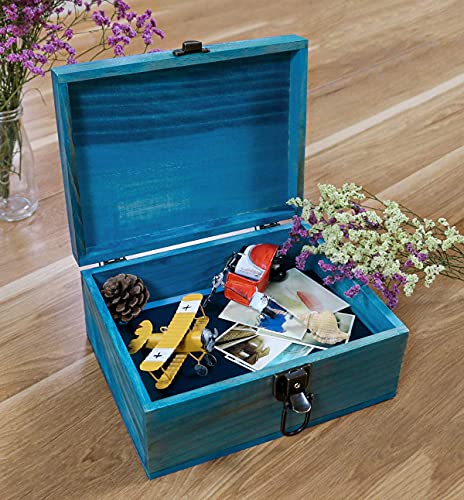 Dedoot Wooden Keepsake Box, Blue Wood Box with Lock Decorative Handmade Craft Small Latched Box for Jewelry Gift Storage and Home Decor, 9.3x7.6x4.5 Inch