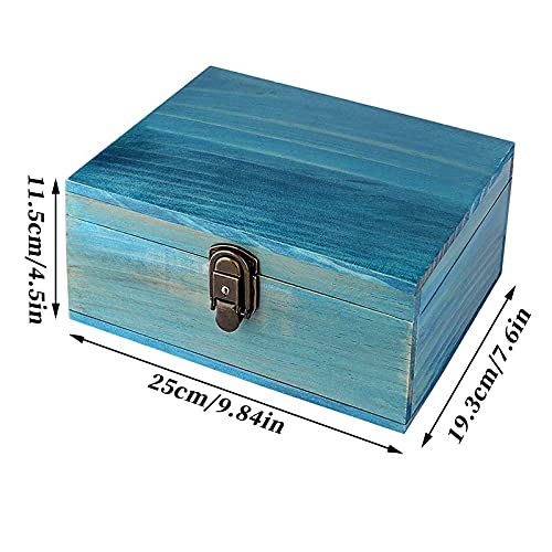 Dedoot Wooden Keepsake Box, Blue Wood Box with Lock Decorative Handmade Craft Small Latched Box for Jewelry Gift Storage and Home Decor, 9.3x7.6x4.5 Inch