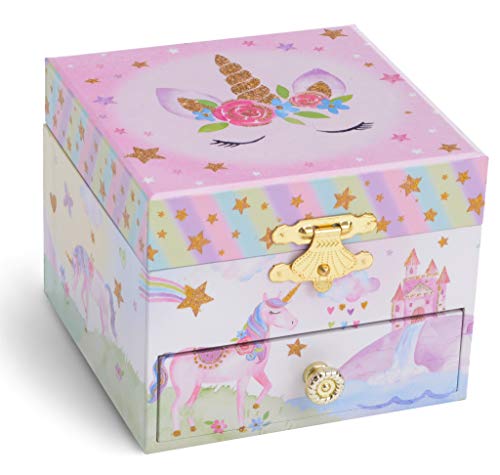 Jewelkeeper Girl's Musical Jewelry Storage Box with Spinning Unicorn & Pullout Drawer, Glitter Rainbow and Stars Design, The Unicorn Tune - Ideal Gift for Girls