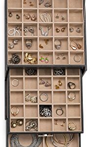 Glenor Co Earring Organizer Holder - 50 Small & 4 Large Slots Classic Jewelry box with Drawer & Modern Closure, Mirror, 3 Trays for Earrings, Ring or Chain Storage - PU Leather Case - Black