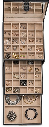 Glenor Co Earring Organizer Holder - 50 Small & 4 Large Slots Classic Jewelry box with Drawer & Modern Closure, Mirror, 3 Trays for Earrings, Ring or Chain Storage - PU Leather Case - Black