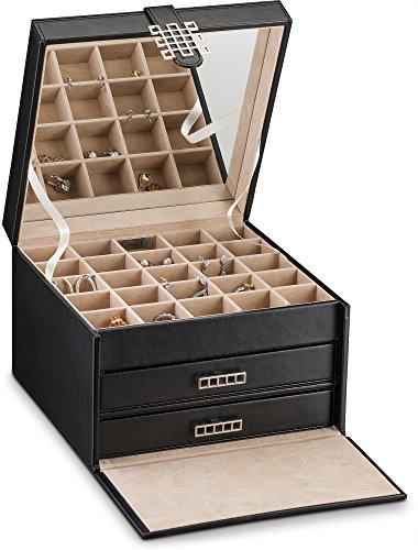 Glenor Co Earring Organizer Holder - 50 Small & 4 Large Slots Classic Jewelry box with Drawer & Modern Closure, Mirror, 3 Trays for Earrings, Ring or Chain Storage - PU Leather Case - Black