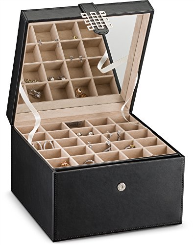 Glenor Co Earring Organizer Holder - 50 Small & 4 Large Slots Classic Jewelry box with Drawer & Modern Closure, Mirror, 3 Trays for Earrings, Ring or Chain Storage - PU Leather Case - Black