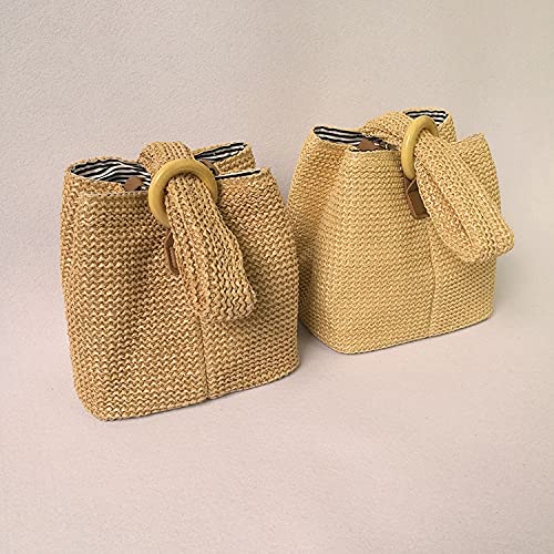 Women Top Handle Bag Straw Weave Circular Ring Bucket Bag