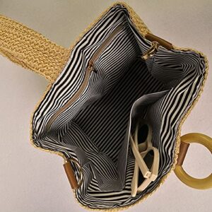 Women Top Handle Bag Straw Weave Circular Ring Bucket Bag