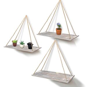 MtnGift Farmhouse Boho Rustic Rope Hanging Shelf - Floating Wooden Decorative Wall Swing Shelves (Set of 3)