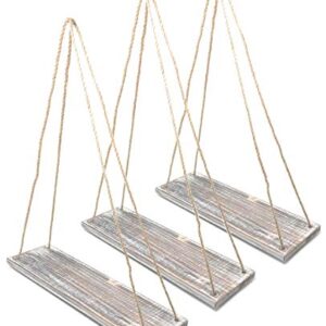 MtnGift Farmhouse Boho Rustic Rope Hanging Shelf - Floating Wooden Decorative Wall Swing Shelves (Set of 3)