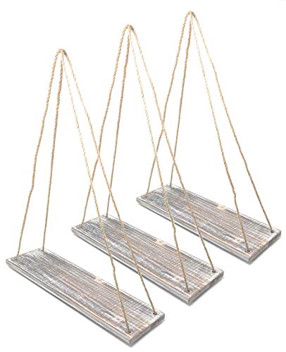 MtnGift Farmhouse Boho Rustic Rope Hanging Shelf - Floating Wooden Decorative Wall Swing Shelves (Set of 3)