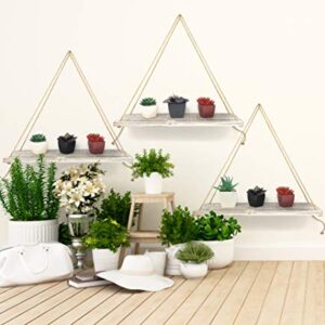 MtnGift Farmhouse Boho Rustic Rope Hanging Shelf - Floating Wooden Decorative Wall Swing Shelves (Set of 3)