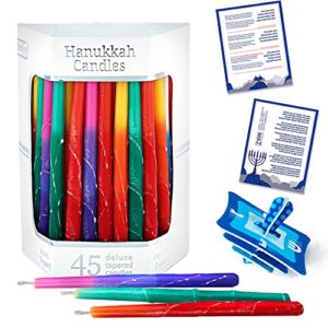 deluxe dripless hanukkah candle set of 45 premium colorful thin tapered candles for standard chanukah menorah, birthday party, celebrations frosted tri color candles by aviv judaica