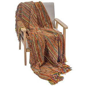 decomall decorative throw blanket with fringe soft striped multi color throws for couch sofa armchair bed 50”x 60”, multi