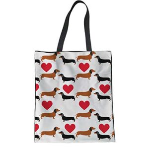 hugs idea women’s top handle bag cartoon kawaii dachshund dog heart printed cotton canvas grocery totes beach handbags for teens