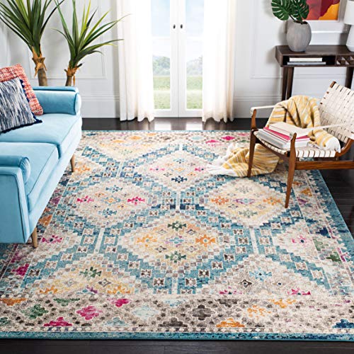 SAFAVIEH Madison Collection 8' x 10' Dark Blue / Yellow MAD418N Boho Diamond Distressed Non-Shedding Living Room Bedroom Dining Home Office Area Rug