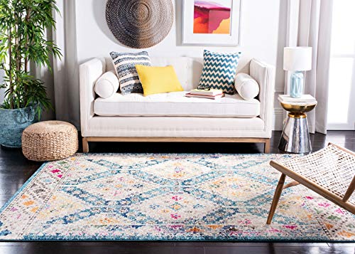 SAFAVIEH Madison Collection 8' x 10' Dark Blue / Yellow MAD418N Boho Diamond Distressed Non-Shedding Living Room Bedroom Dining Home Office Area Rug