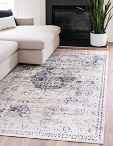 unique loom chateau collection high-low pile, vintage, traditional, distressed, medallion area rug (4′ 0 x 6′ 0 rectangular, beige/navy blue)