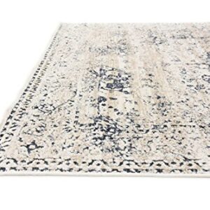 Unique Loom Chateau Collection High-Low Pile, Vintage, Traditional, Distressed, Medallion Area Rug (4' 0 x 6' 0 Rectangular, Beige/Navy Blue)