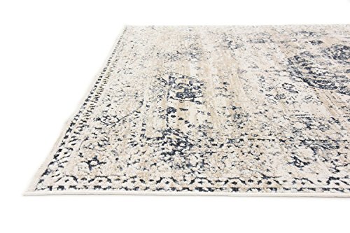 Unique Loom Chateau Collection High-Low Pile, Vintage, Traditional, Distressed, Medallion Area Rug (4' 0 x 6' 0 Rectangular, Beige/Navy Blue)