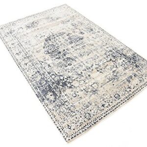 Unique Loom Chateau Collection High-Low Pile, Vintage, Traditional, Distressed, Medallion Area Rug (4' 0 x 6' 0 Rectangular, Beige/Navy Blue)