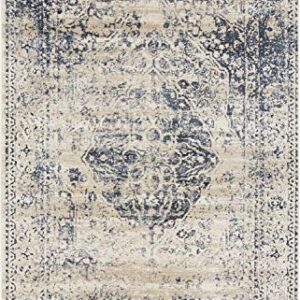 Unique Loom Chateau Collection High-Low Pile, Vintage, Traditional, Distressed, Medallion Area Rug (4' 0 x 6' 0 Rectangular, Beige/Navy Blue)