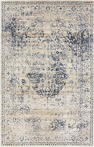 Unique Loom Chateau Collection High-Low Pile, Vintage, Traditional, Distressed, Medallion Area Rug (4' 0 x 6' 0 Rectangular, Beige/Navy Blue)