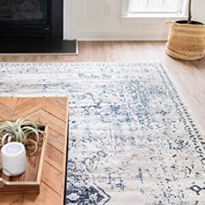 Unique Loom Chateau Collection High-Low Pile, Vintage, Traditional, Distressed, Medallion Area Rug (4' 0 x 6' 0 Rectangular, Beige/Navy Blue)