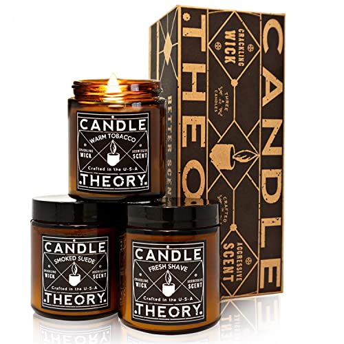 Candle Theory Man Cave Stuff Men Candles Set, Crackling Candles Man Cave Home Decor Woodwick 4 Oz Candels Gift Men Manly Candles Men Scented Warm Tobacco Cigar Smoked Suede Fresh Shave Wood Wick