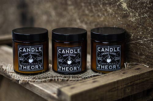 Candle Theory Man Cave Stuff Men Candles Set, Crackling Candles Man Cave Home Decor Woodwick 4 Oz Candels Gift Men Manly Candles Men Scented Warm Tobacco Cigar Smoked Suede Fresh Shave Wood Wick