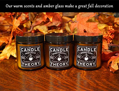 Candle Theory Man Cave Stuff Men Candles Set, Crackling Candles Man Cave Home Decor Woodwick 4 Oz Candels Gift Men Manly Candles Men Scented Warm Tobacco Cigar Smoked Suede Fresh Shave Wood Wick