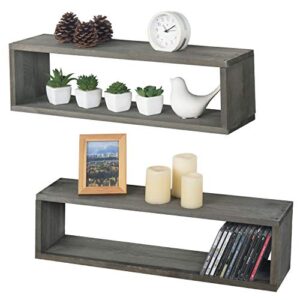 mygift 24 inch wall mounted rustic gray solid wood cubby floating shelves, display storage shelf for bedroom, living room, bathroom, kitchen, office, set of 2