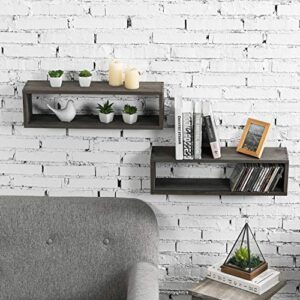 MyGift 24 Inch Wall Mounted Rustic Gray Solid Wood Cubby Floating Shelves, Display Storage Shelf for Bedroom, Living Room, Bathroom, Kitchen, Office, Set of 2