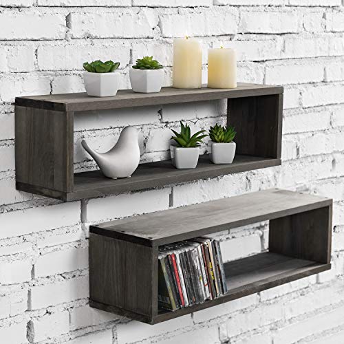 MyGift 24 Inch Wall Mounted Rustic Gray Solid Wood Cubby Floating Shelves, Display Storage Shelf for Bedroom, Living Room, Bathroom, Kitchen, Office, Set of 2