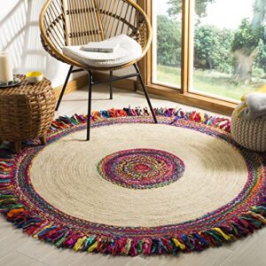 safavieh cape cod collection 3′ round ivory/red cap205a handmade boho fringe jute & cotton area rug