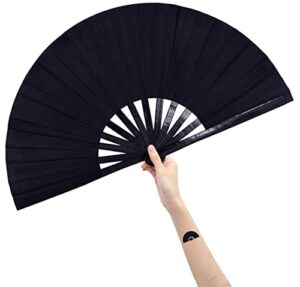 amajiji large folding hand rave fan for women/men, chinease/japanese bamboo and nylon-cloth folding hand fan for performance, festival, events, gift, craft, dance, decorations (black)
