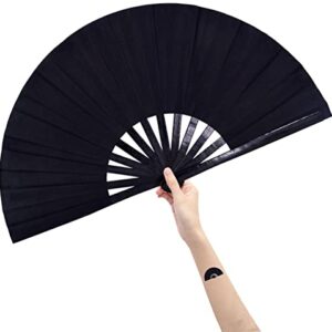 Amajiji Large Folding Hand Rave Fan for Women/Men, Chinease/Japanese Bamboo and Nylon-Cloth Folding Hand Fan for Performance, Festival, Events, Gift, Craft, Dance, Decorations (Black)