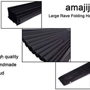 Amajiji Large Folding Hand Rave Fan for Women/Men, Chinease/Japanese Bamboo and Nylon-Cloth Folding Hand Fan for Performance, Festival, Events, Gift, Craft, Dance, Decorations (Black)