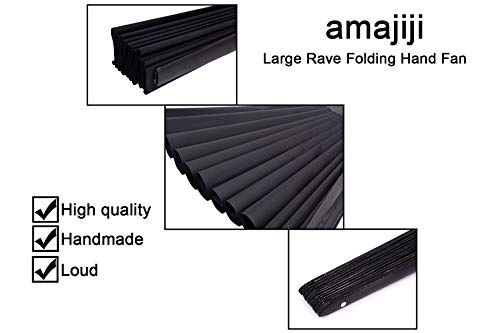 Amajiji Large Folding Hand Rave Fan for Women/Men, Chinease/Japanese Bamboo and Nylon-Cloth Folding Hand Fan for Performance, Festival, Events, Gift, Craft, Dance, Decorations (Black)