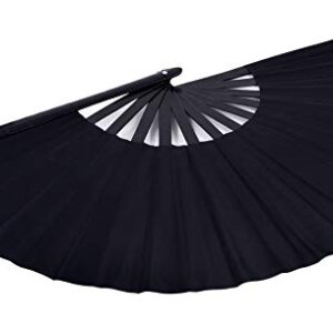 Amajiji Large Folding Hand Rave Fan for Women/Men, Chinease/Japanese Bamboo and Nylon-Cloth Folding Hand Fan for Performance, Festival, Events, Gift, Craft, Dance, Decorations (Black)