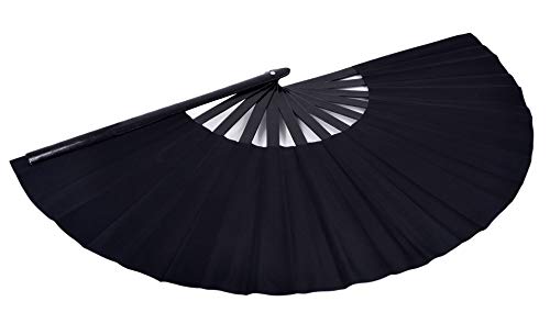 Amajiji Large Folding Hand Rave Fan for Women/Men, Chinease/Japanese Bamboo and Nylon-Cloth Folding Hand Fan for Performance, Festival, Events, Gift, Craft, Dance, Decorations (Black)