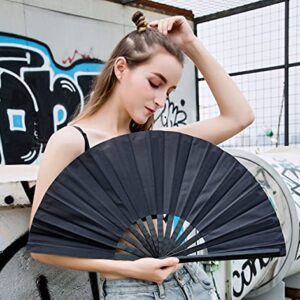 Amajiji Large Folding Hand Rave Fan for Women/Men, Chinease/Japanese Bamboo and Nylon-Cloth Folding Hand Fan for Performance, Festival, Events, Gift, Craft, Dance, Decorations (Black)