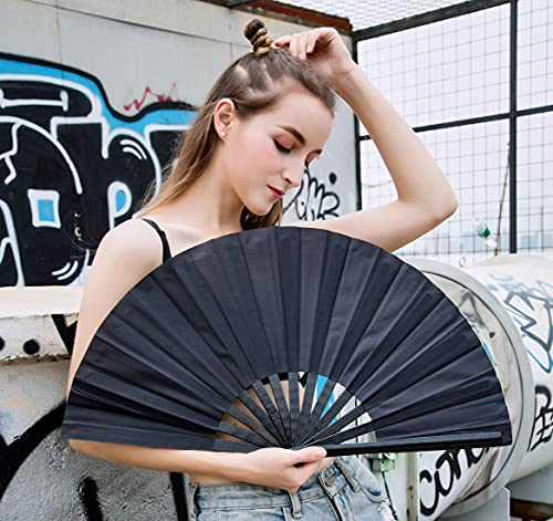 Amajiji Large Folding Hand Rave Fan for Women/Men, Chinease/Japanese Bamboo and Nylon-Cloth Folding Hand Fan for Performance, Festival, Events, Gift, Craft, Dance, Decorations (Black)