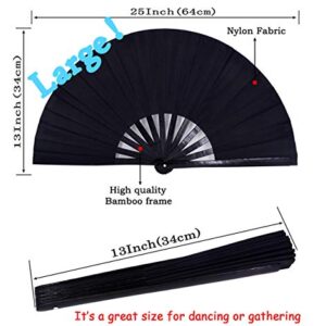 Amajiji Large Folding Hand Rave Fan for Women/Men, Chinease/Japanese Bamboo and Nylon-Cloth Folding Hand Fan for Performance, Festival, Events, Gift, Craft, Dance, Decorations (Black)