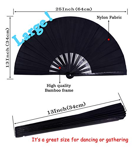 Amajiji Large Folding Hand Rave Fan for Women/Men, Chinease/Japanese Bamboo and Nylon-Cloth Folding Hand Fan for Performance, Festival, Events, Gift, Craft, Dance, Decorations (Black)