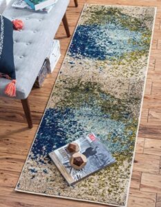 unique loom estrella collection abstract, modern, light colors, distressed area rug, 2 ft x 7 ft, blue/beige