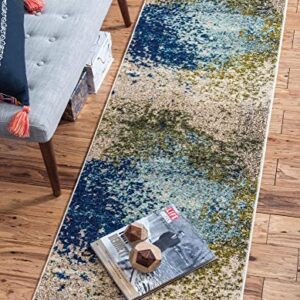 Unique Loom Estrella Collection Abstract, Modern, Light Colors, Distressed Area Rug, 2 ft x 7 ft, Blue/Beige